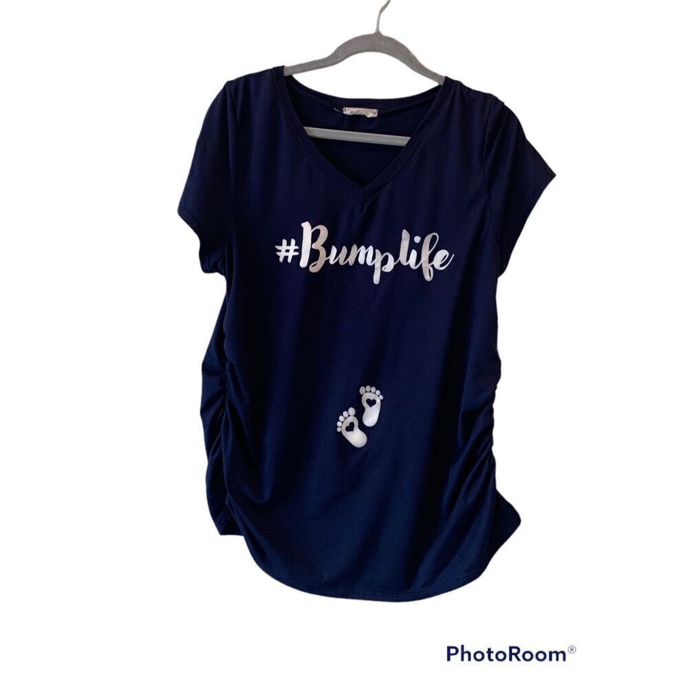 French Pastry Women's Blue Crew Neck #Bumplife Ruched Short-Sleeve Shirt Size L